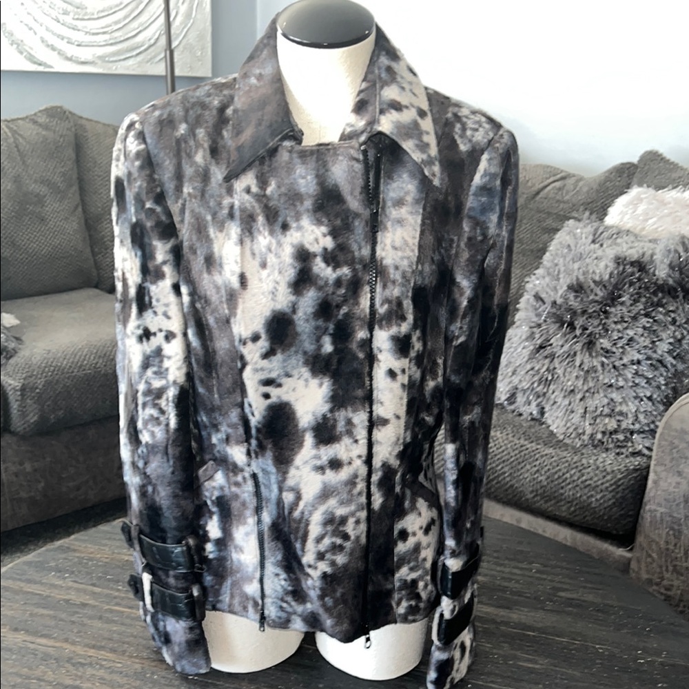 Simon Chang Faux Fur Western Pattern Jacket Coat Sz 4
